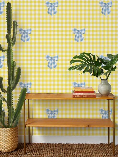 'Barbie™ Gingham Bow' Wallpaper by Barbie™ - Cornflower on Yellow