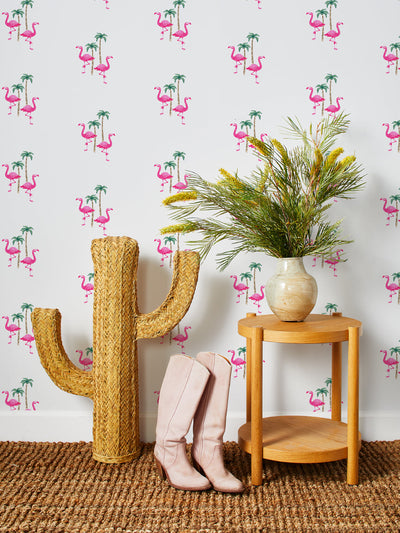 'Barbie™ Land Flamingo Palm' Wallpaper by Barbie™ - 219 Pink on White