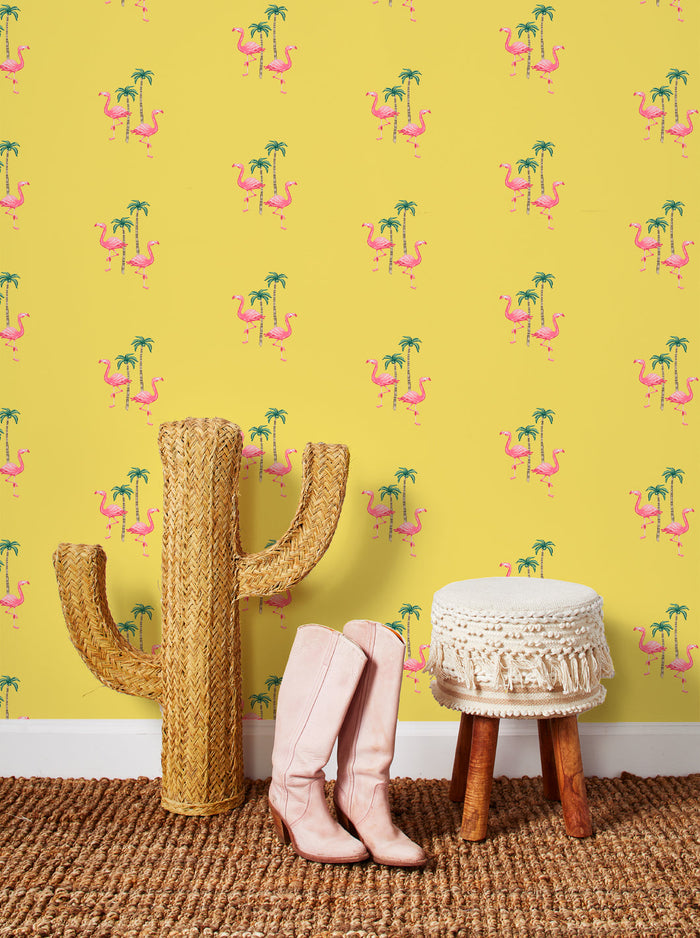 'Barbie™ Land Flamingo Palm' Wallpaper by Barbie™ - Yellow