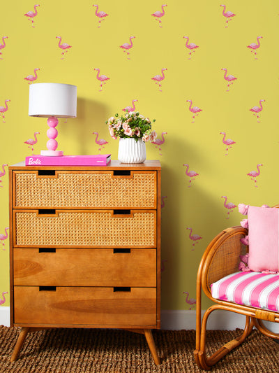 'Barbie™ Land Flamingos' Wallpaper by Barbie™ - Yellow