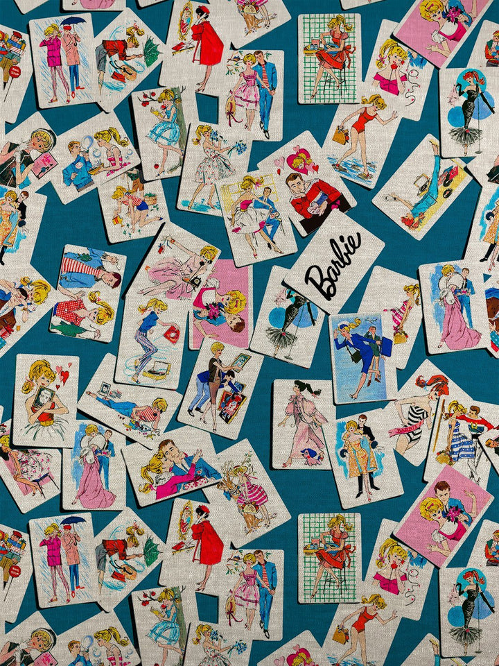 fabric by the yard barbie trading cards cadet blue