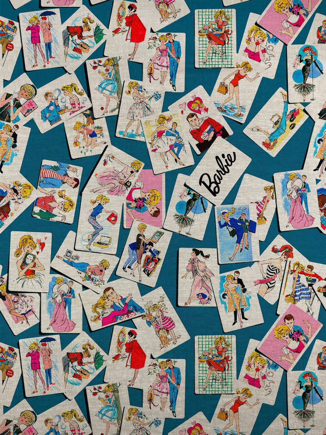 fabric by the yard barbie trading cards cadet blue