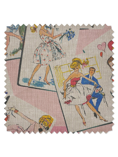 'Fabric by the Yard - Barbie™ Trading Cards - Pink on Flax Linen