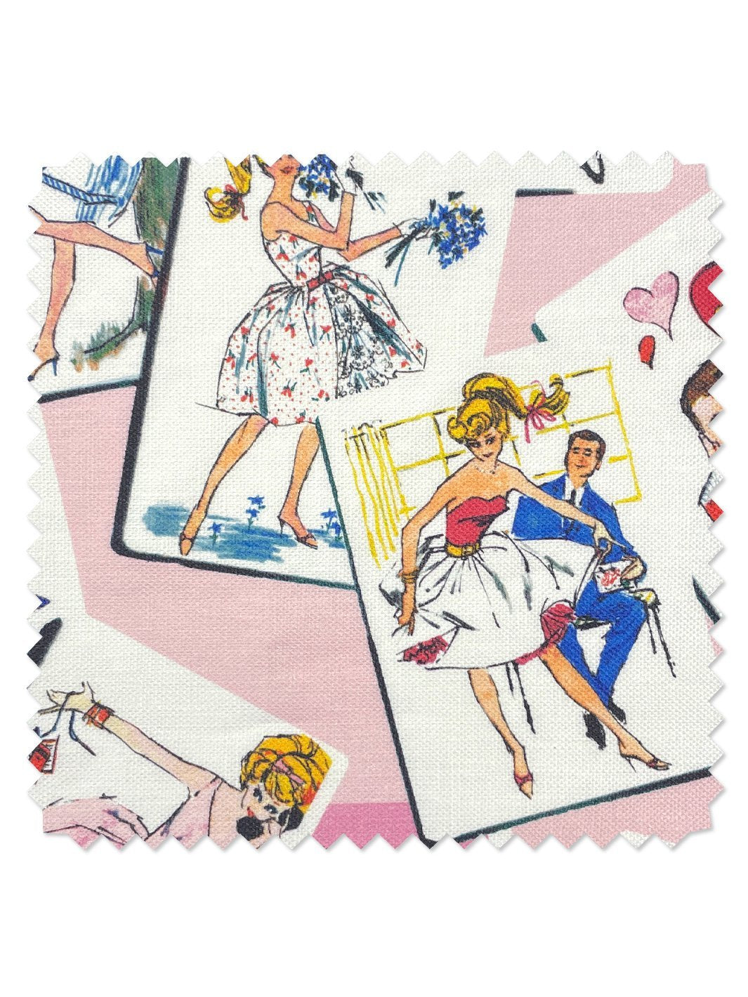 'Fabric by the Yard - Barbie™ Trading Cards - Pink on Flax Linen