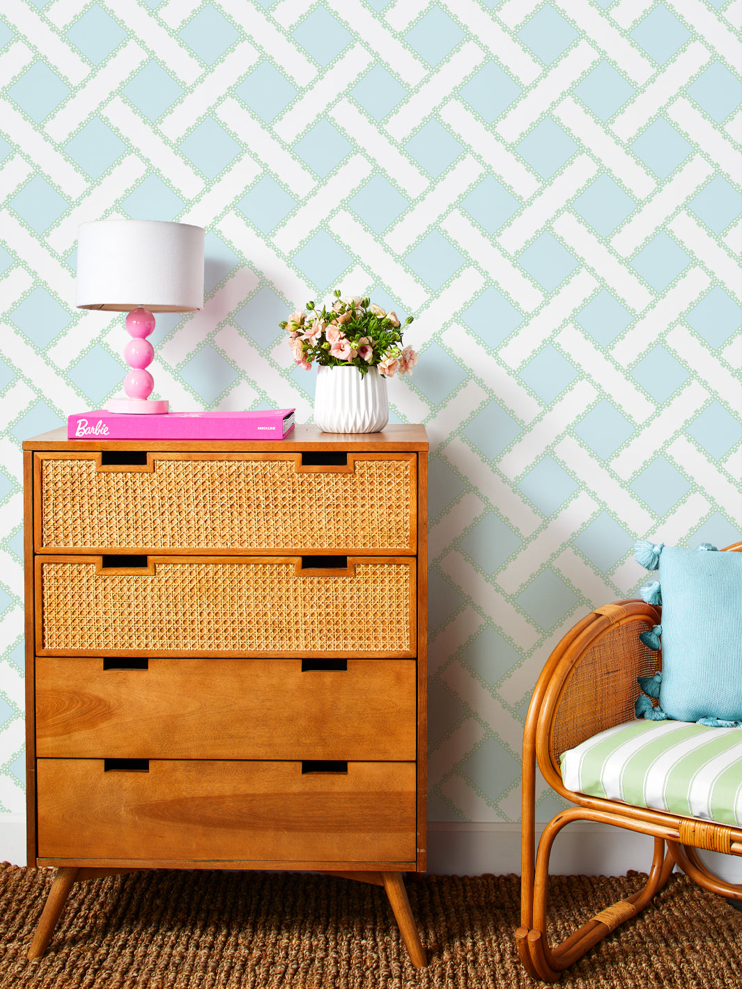 'Barbie™ Trellis' Wallpaper by Barbie™ - Pale Blue / Green