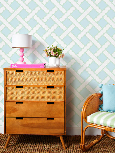 barbie trellis wallpaper by barbie pale blue green