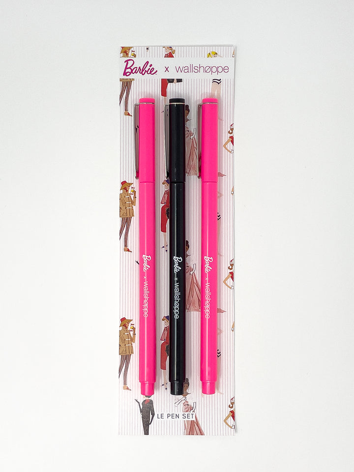 3-pack of Barbie™ x Wallshoppe Le Pen markers: two pink, one black, in box