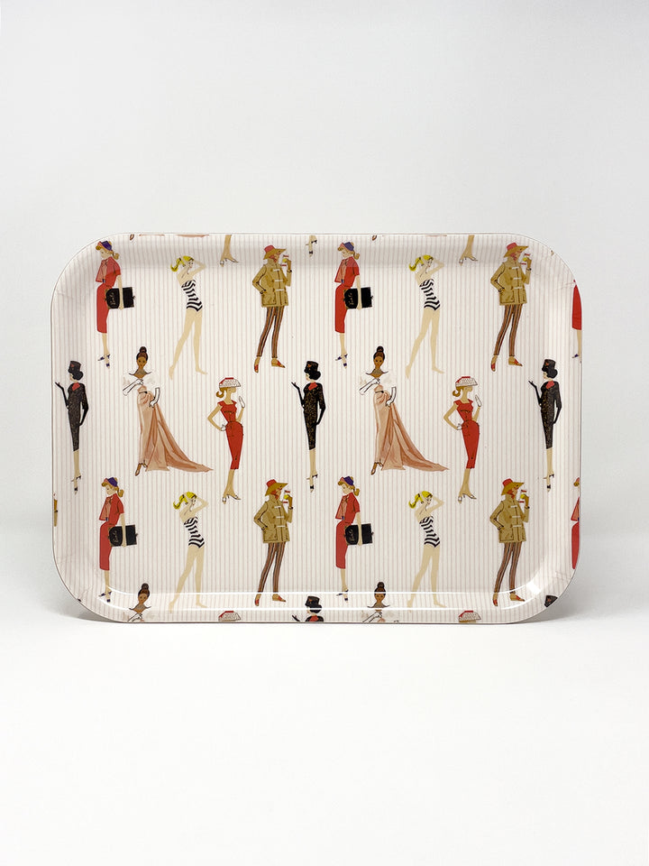 Rectangular serving tray with rounded corners and vintage fashion pinstripe pattern