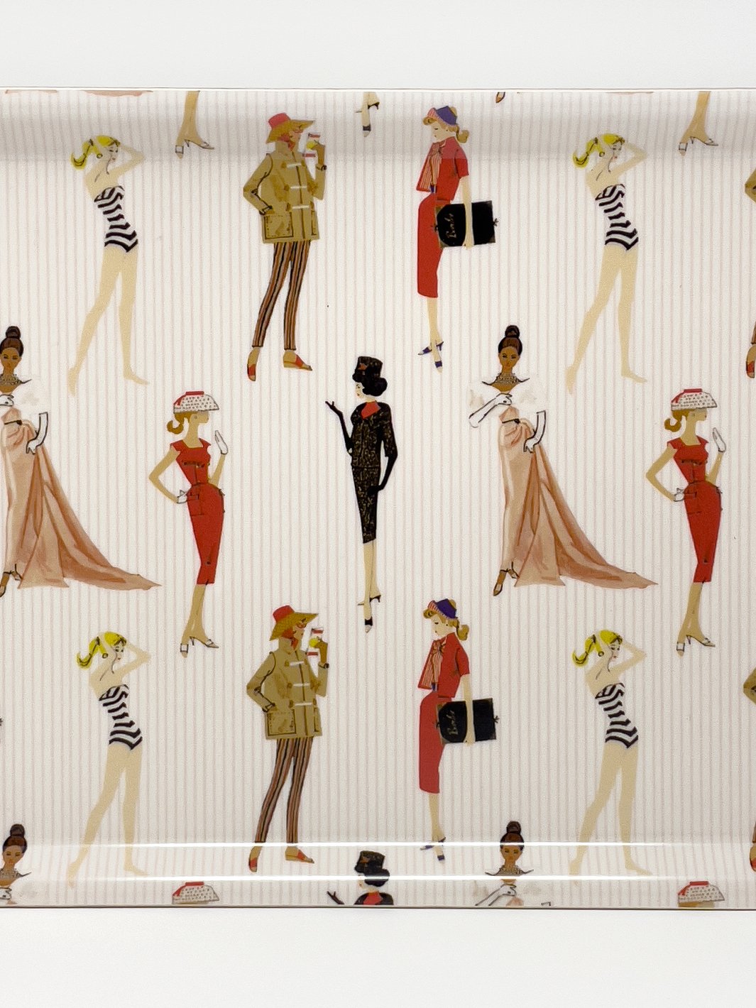 Rectangular tray with rounded corners featuring repeating vintage fashion figures pattern
