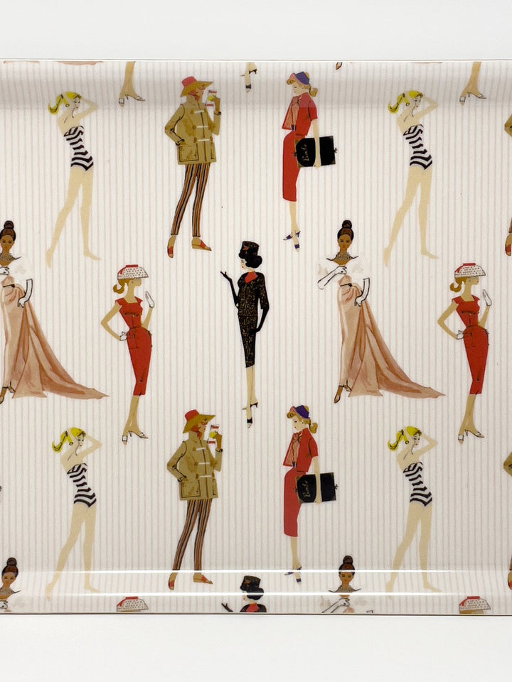 Rectangular tray with rounded corners featuring repeating vintage fashion figures pattern