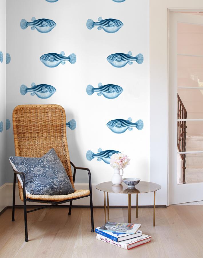 'Blowfish' Wallpaper by Wallshoppe - Blue