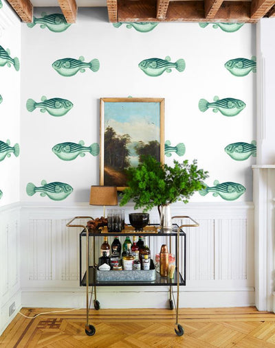 'Blowfish' Wallpaper by Wallshoppe - Green