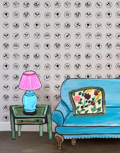 'Bonbon Floral' Wallpaper by Carly Beck - Oyster / Black