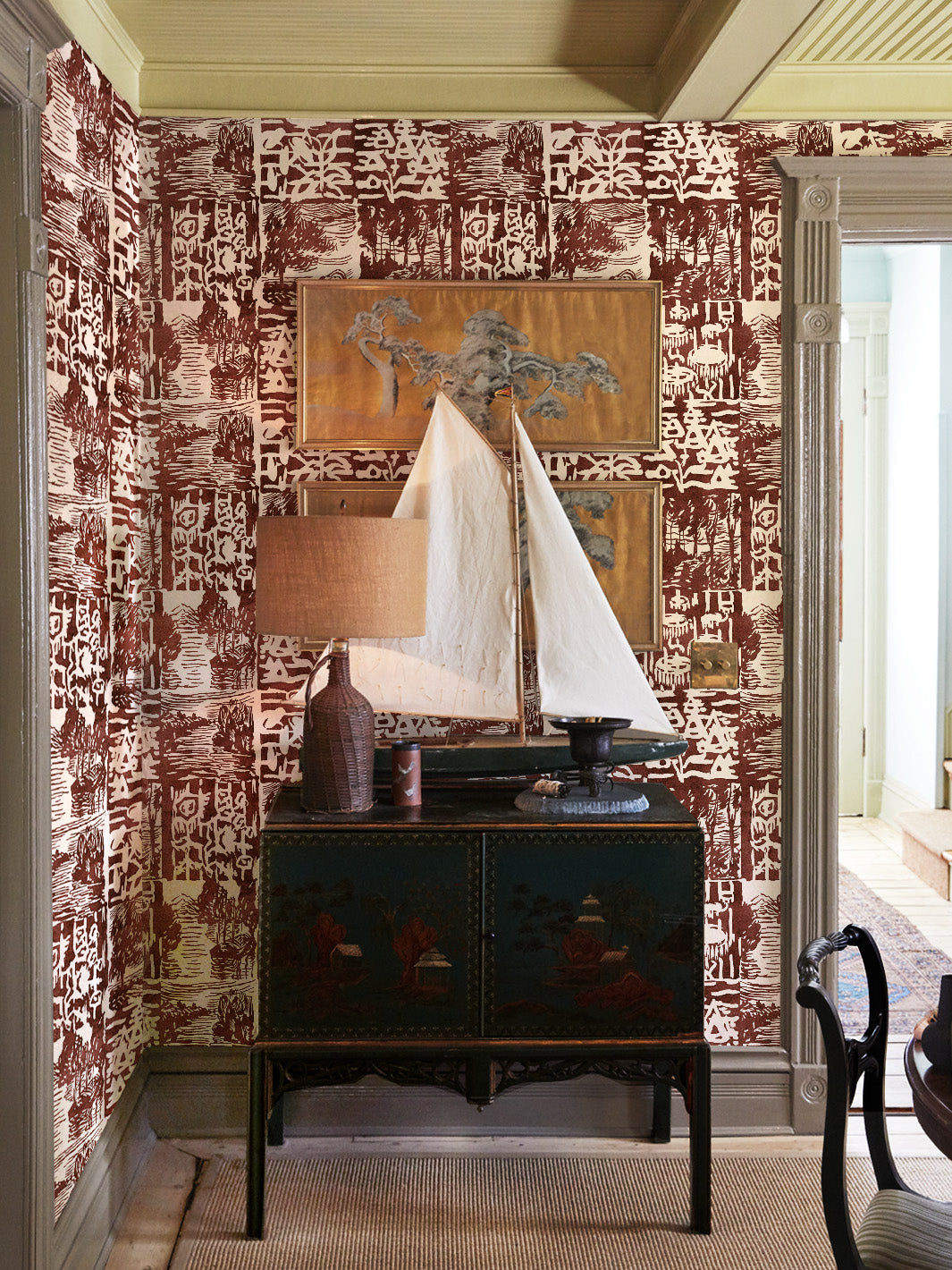 checkerboard block print wallpaper chris benz rust