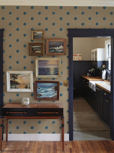 'Chenille Dots Large' Wallpaper by Chris Benz - Blue On Taupe