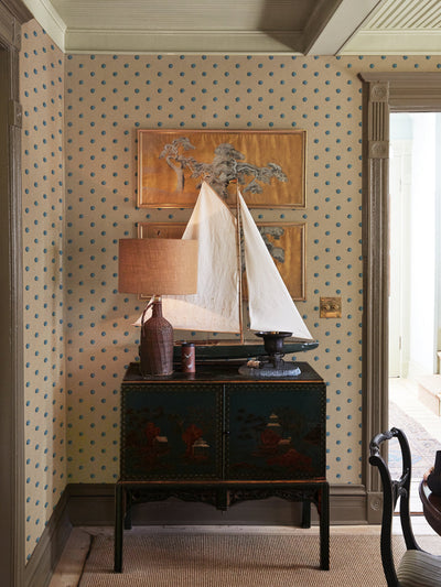 chenille dots small wallpaper chris benz blue on taupe