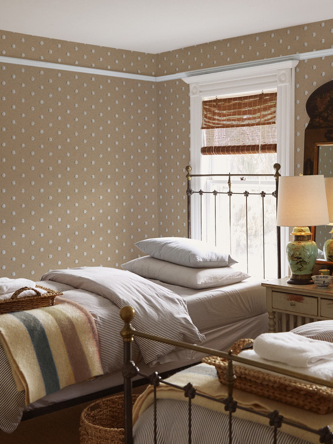 chenille dots small wallpaper chris benz white on taupe