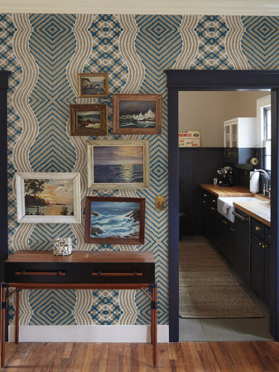 chenille stripe wallpaper chris benz blue on taupe