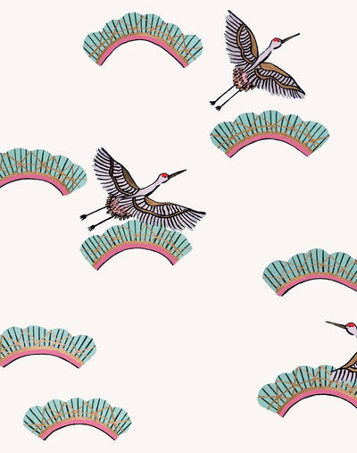 'Cranes In Clouds' Wallpaper by Carly Beck - Cream