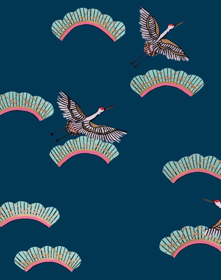 cranes in clouds peacock wallpaper by carly beck