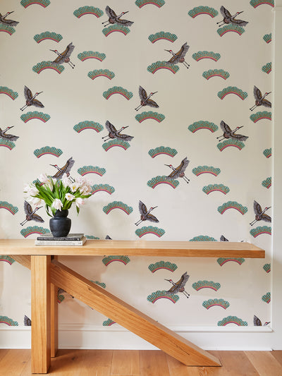 'Cranes In Clouds' Wallpaper by Carly Beck - Cream