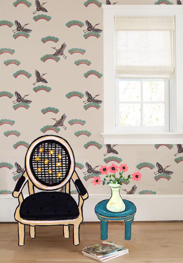 'Cranes In Clouds' Wallpaper by Carly Beck - Oyster
