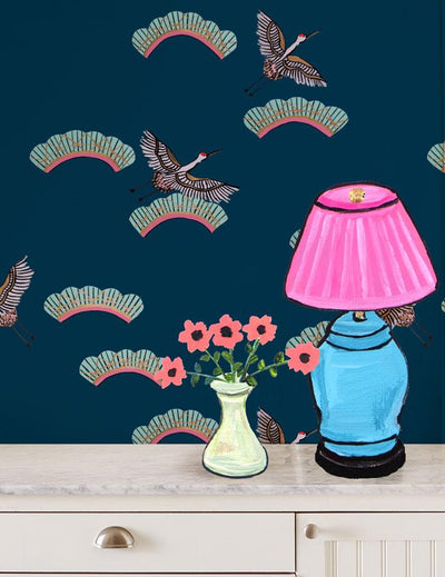 cranes in clouds peacock wallpaper by carly beck
