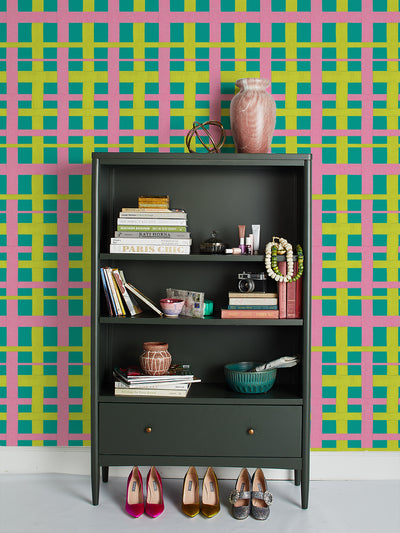 crosstown plaid wallpaper by sarah jessica parker citron on teal