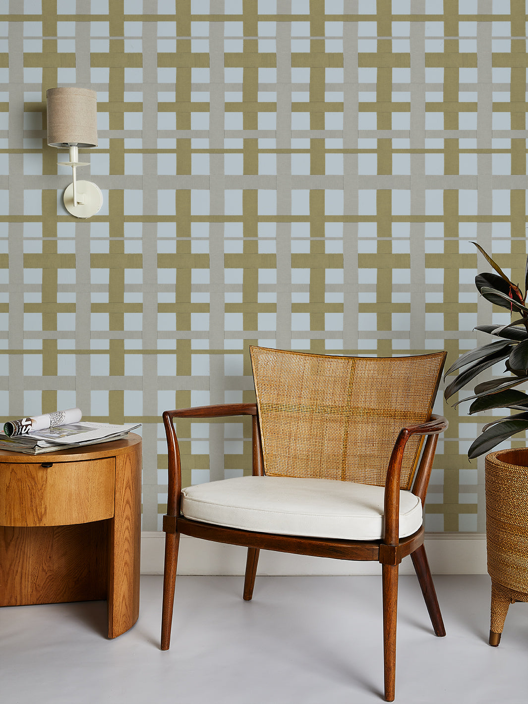 'Crosstown Plaid' Wallpaper by Sarah Jessica Parker - Olive on Silver