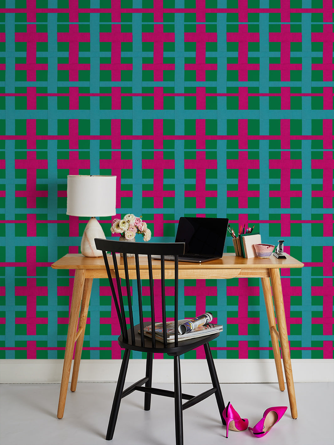 'Crosstown Plaid' Wallpaper by Sarah Jessica Parker - Peacock on Emerald
