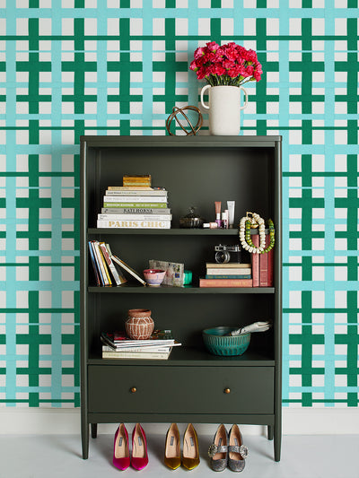 'Crosstown Plaid On White' Wallpaper by Sarah Jessica Parker - Sky Emerald