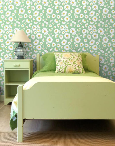 'Daisy Bloom' Wallpaper by Wallshoppe - Green