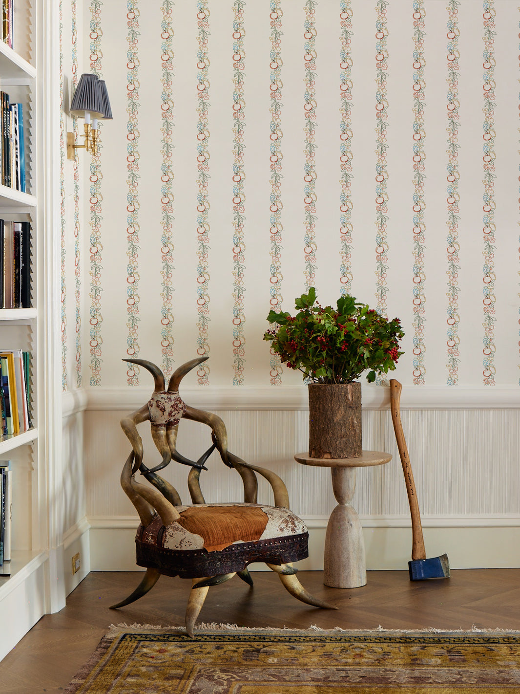 'Embroidered Fruit Vines' Wallpaper by Lingua Franca - Cream