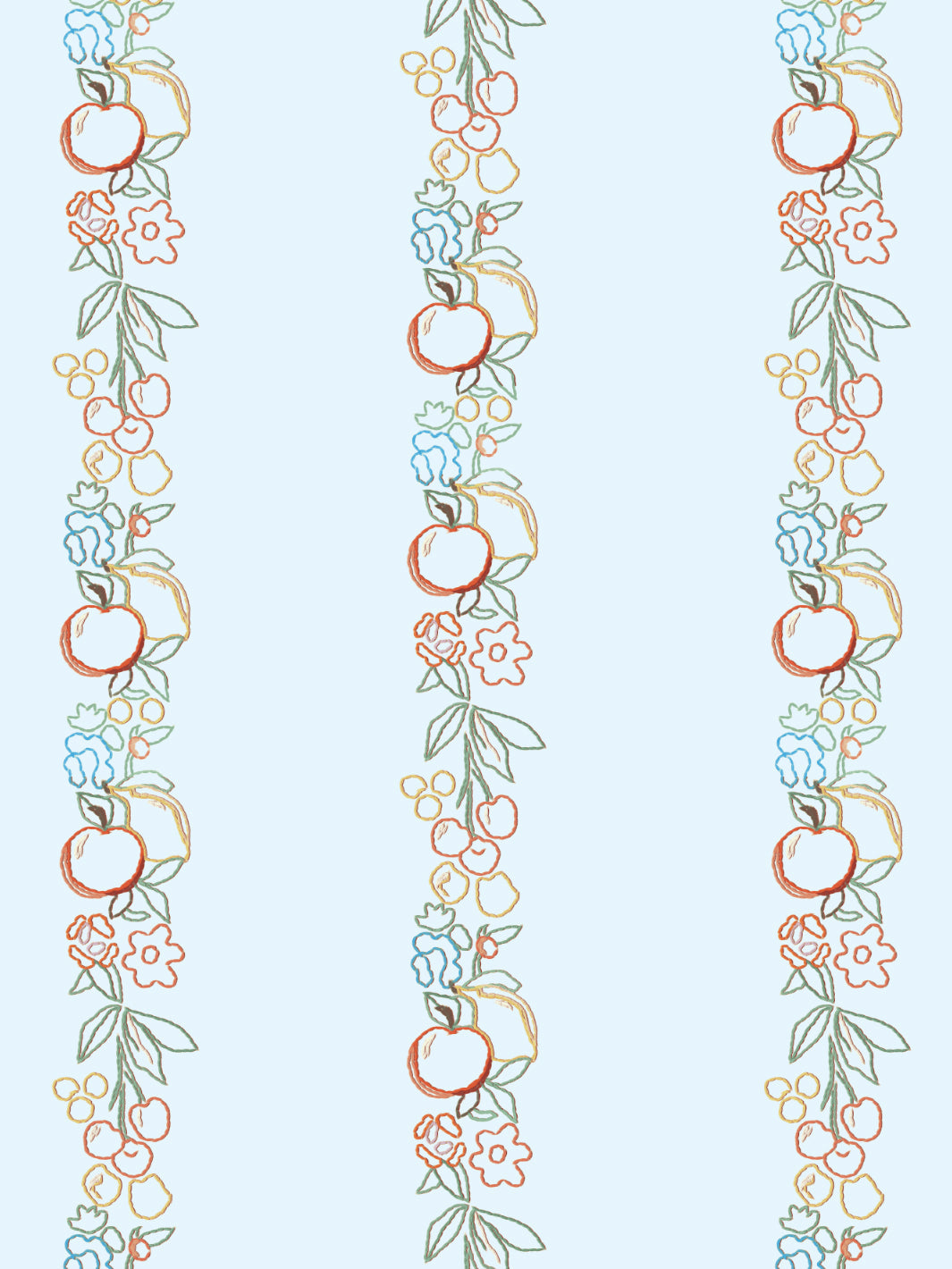 'Embroidered Fruit Vines' Wallpaper by Lingua Franca - Light Blue