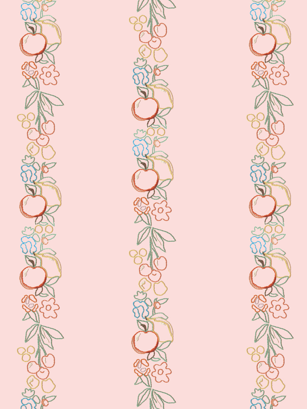 'Embroidered Fruit Vines' Wallpaper by Lingua Franca - Light Pink