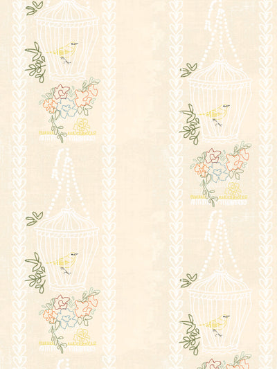 'Embroidered Birdcages' Wallpaper by Lingua Franca - Cream