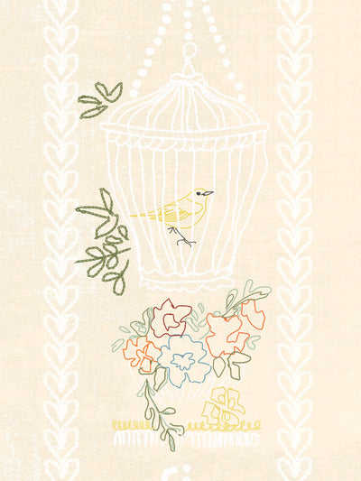 'Embroidered Birdcages' Wallpaper by Lingua Franca - Cream