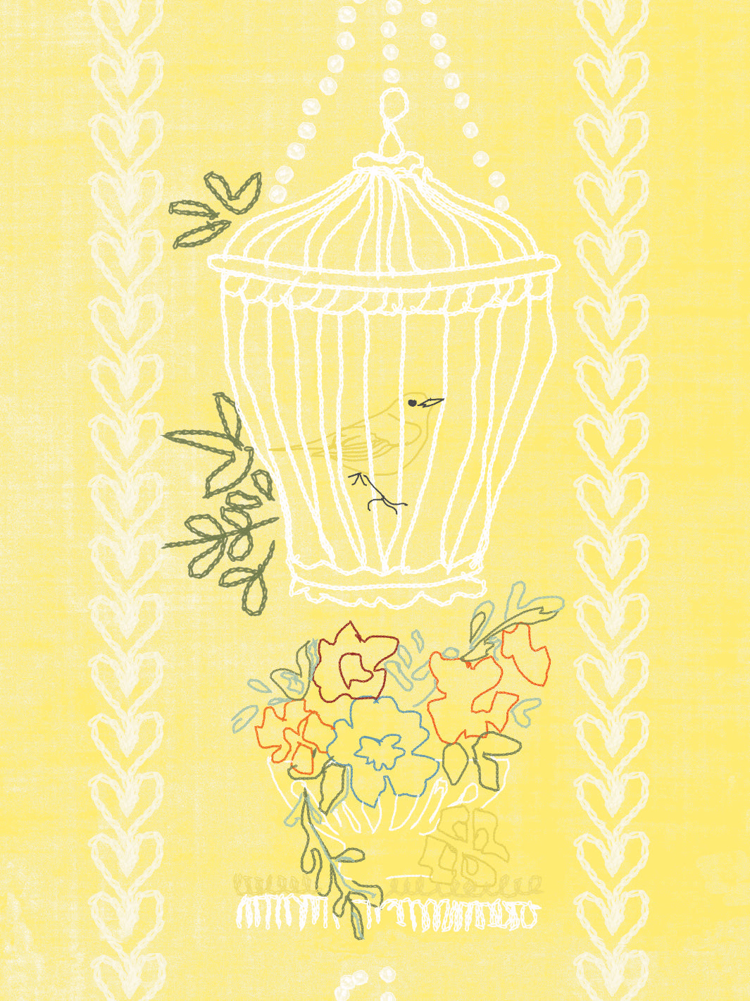 'Embroidered Birdcages' Wallpaper by Lingua Franca - Daffodil