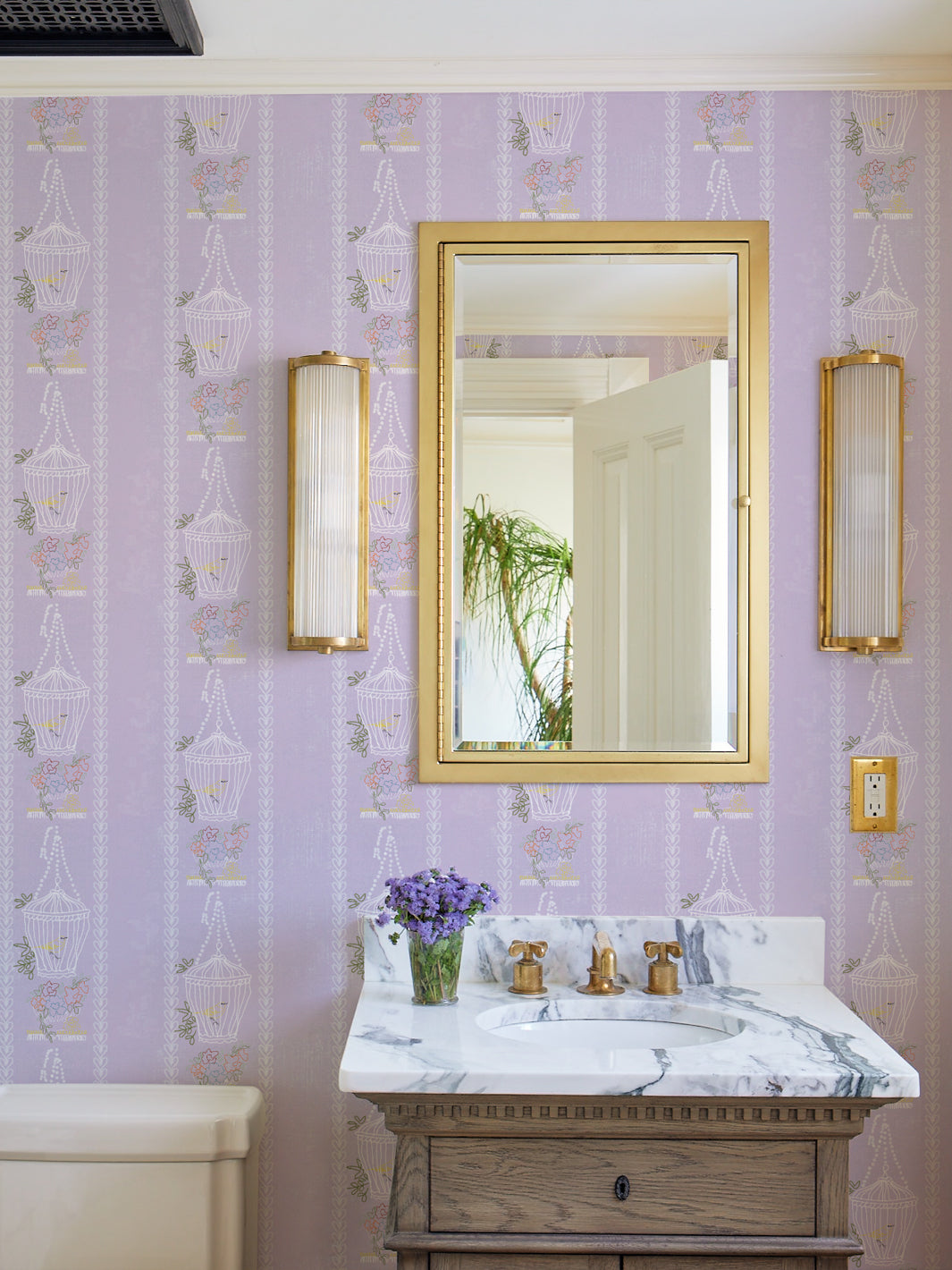 embroidered birdcages wallpaper by lingua franca lavender