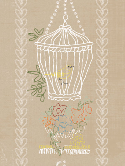 'Embroidered Birdcages' Wallpaper by Lingua Franca - Linen