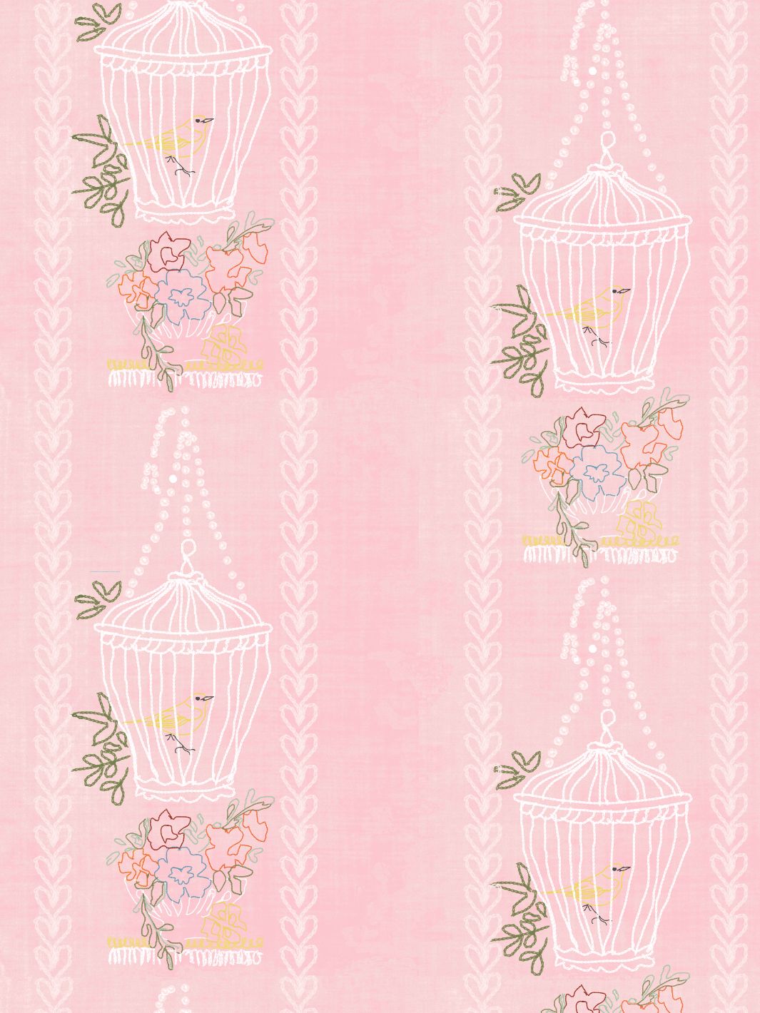 'Embroidered Birdcages' Wallpaper by Lingua Franca - Pink