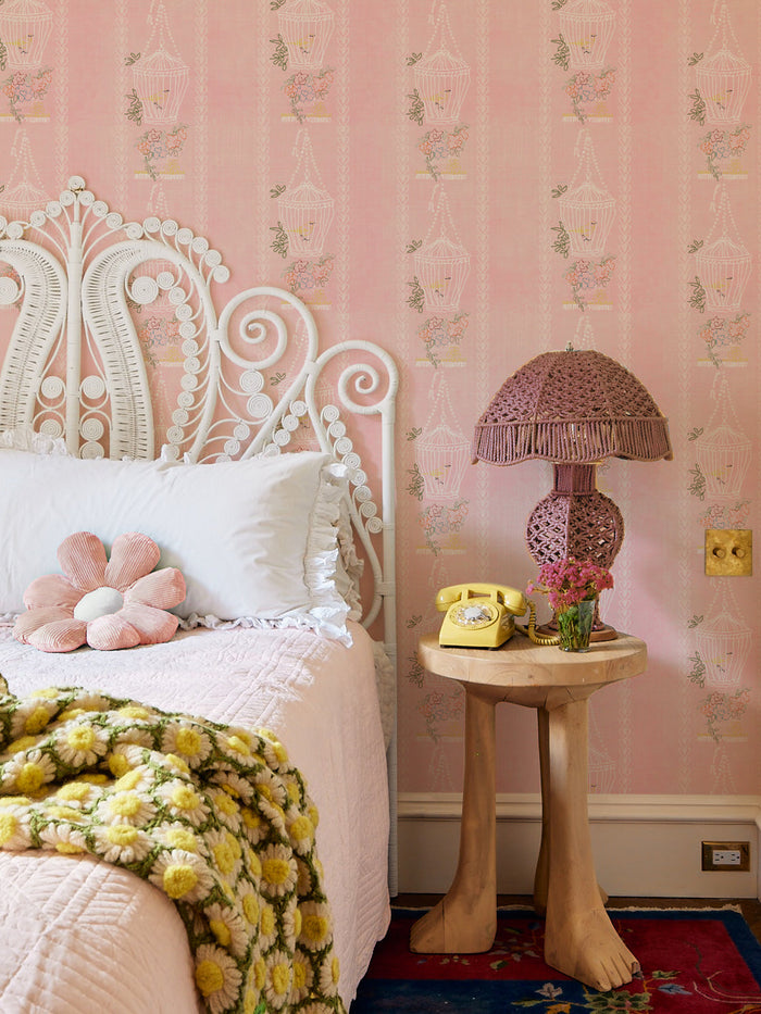 'Embroidered Birdcages' Wallpaper by Lingua Franca - Pink