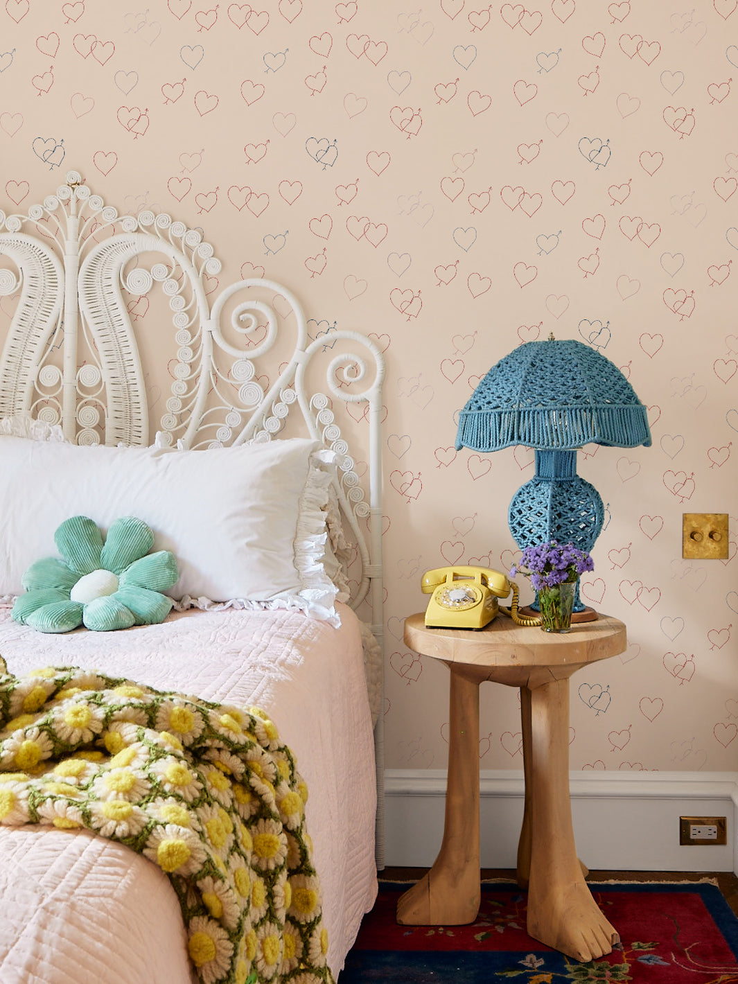 'Embroidered Hearts' Wallpaper by Lingua Franca - Cream