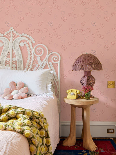 'Embroidered Hearts' Wallpaper by Lingua Franca - Pink