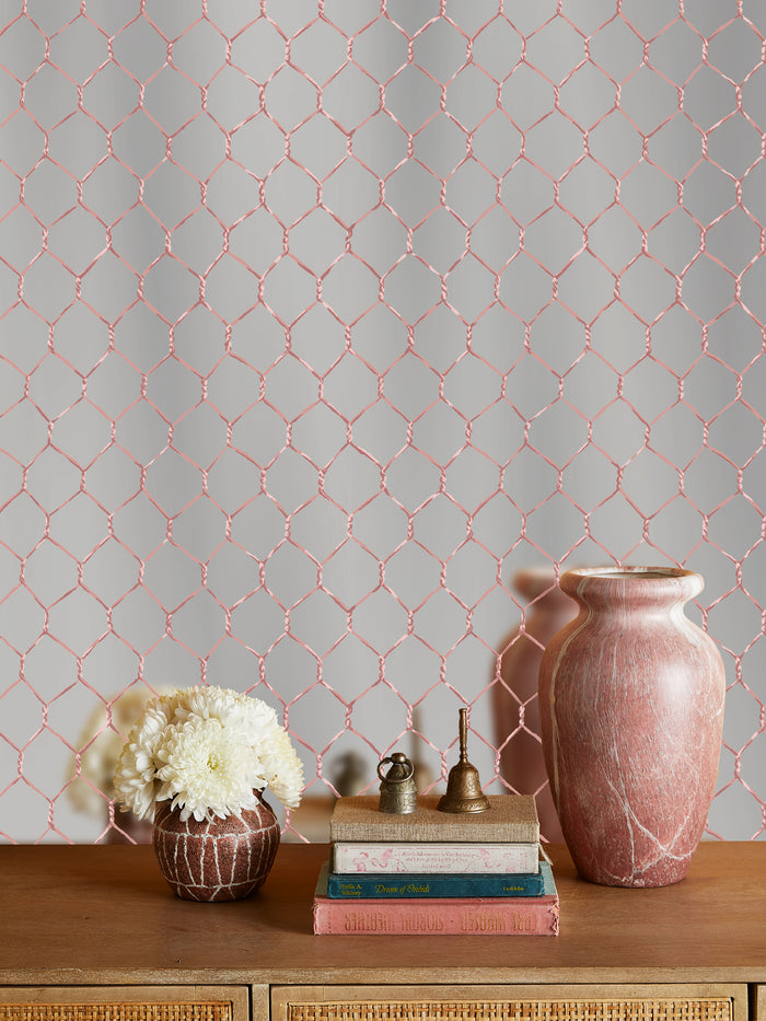 'Evelyn's Chicken Wire' Shiny Silver Wallpaper by Sarah Jessica Parker - Bleecker Blush on Mirror