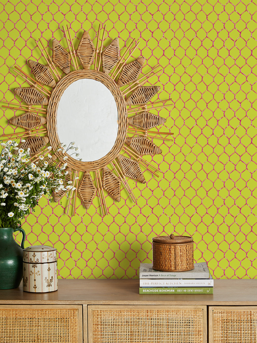 evelyns chicken wire wallpaper by sarah jessica parker raspberry on citron