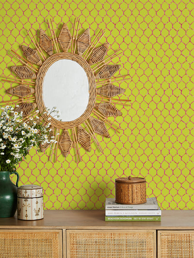 evelyns chicken wire wallpaper by sarah jessica parker raspberry on citron