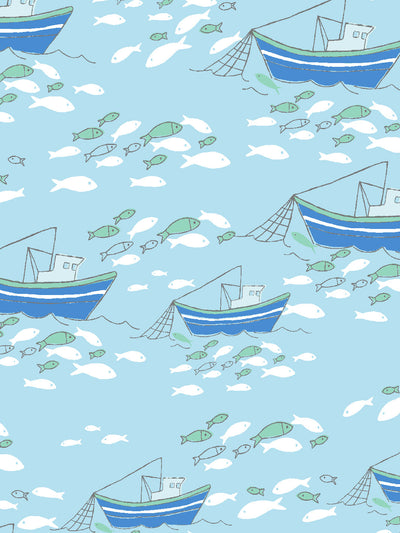 'Fishing Boats' Wallpaper by Tea Collection - Baby Blue