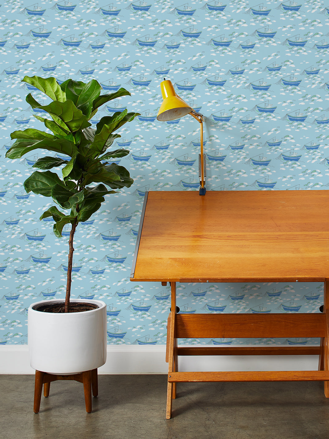 fishing boats wallpaper by tea collection baby blue