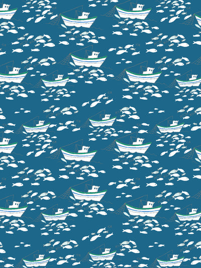 'Fishing Boats' Wallpaper by Tea Collection - Cadet Blue